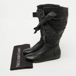 Miu Miu Black Leather Gathered Bow Calf Length Boots Size 37