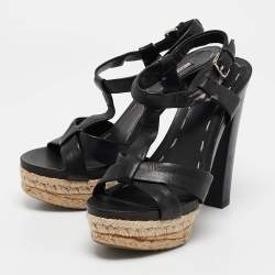 Miu Miu Black Leather Platform Ankle Strap Sandals Size 38.5