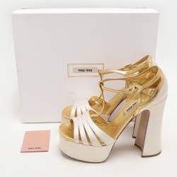 Miu Miu White/Gold Leather and Satin Platform Sandals Size 36