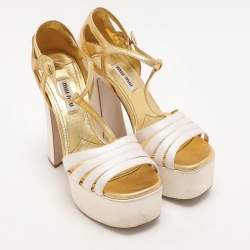 Miu Miu White/Gold Leather and Satin Platform Sandals Size 36