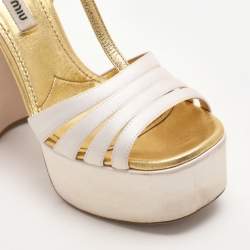 Miu Miu White/Gold Leather and Satin Platform Sandals Size 36
