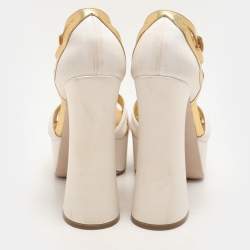 Miu Miu White/Gold Leather and Satin Platform Sandals Size 36