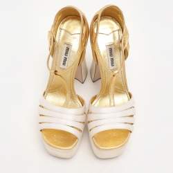 Miu Miu White/Gold Leather and Satin Platform Sandals Size 36