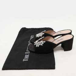 مملوكة مسبقًا Miu Miu Black Satin Crystal Embellished Block Heel Slide Sandals Size 38