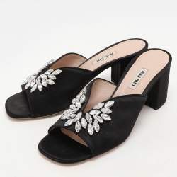 Miu Miu Black Satin Crystal Embellished Block Heel Slide Sandals Size 38
