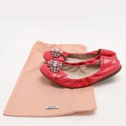 Miu Miu Pink Patent Leather Crystal Embellished Scrunch Ballet Flats Size 35.5