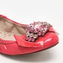 Miu Miu Pink Patent Leather Crystal Embellished Scrunch Ballet Flats Size 35.5