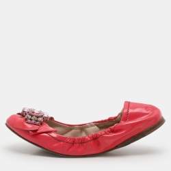 Miu Miu Pink Patent Leather Crystal Embellished Scrunch Ballet Flats Size 35.5