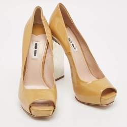 Miu Miu Beige Patent Leather Peep Toe Platform Pumps Size 39.5