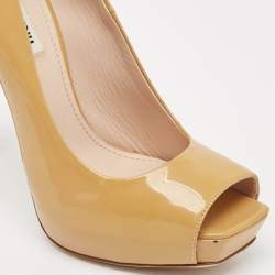 Miu Miu Beige Patent Leather Peep Toe Platform Pumps Size 39.5