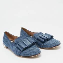 Miu Miu Blue Denim Bow  Crystal Embellished Smoking Slippers Size 39