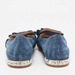 Miu Miu Blue Denim Bow  Crystal Embellished Smoking Slippers Size 39