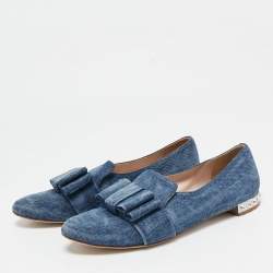 Miu Miu Blue Denim Bow  Crystal Embellished Smoking Slippers Size 39