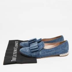 Miu Miu Blue Denim Bow  Crystal Embellished Smoking Slippers Size 39