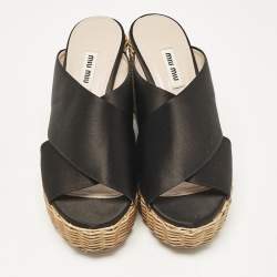 Miu Miu Black Satin Wedge Sandals Size 37.5
