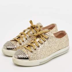 Miu Miu Gold Coarse Glitter Metal Cap Toe Low Top Sneakers Size 37.5