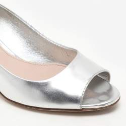 Miu Miu Silver Leather Crystal Embellished Block Heel Peep Toe Pumps Size 38.5