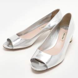 Miu Miu Silver Leather Crystal Embellished Block Heel Peep Toe Pumps Size 38.5