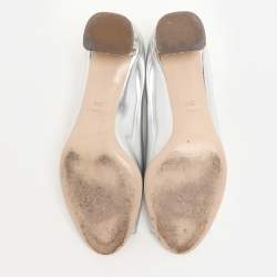Miu Miu Silver Leather Crystal Embellished Block Heel Peep Toe Pumps Size 38.5