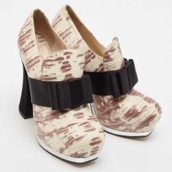 Miu Miu Beige/Black Lizard Embossed Leather Bow Platform Block Heel Pumps Size 38.5