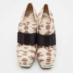 Miu Miu Beige/Black Lizard Embossed Leather Bow Platform Block Heel Pumps Size 38.5