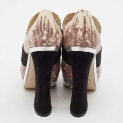 Miu Miu Beige/Black Lizard Embossed Leather Bow Platform Block Heel Pumps Size 38.5