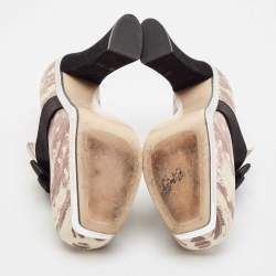 Miu Miu Beige/Black Lizard Embossed Leather Bow Platform Block Heel Pumps Size 38.5