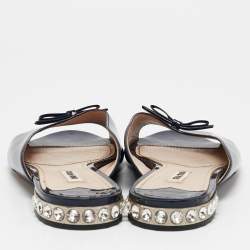 Miu Miu Blue Patent Leather Crystal Embellished Bow Flat Slides Size 38.5