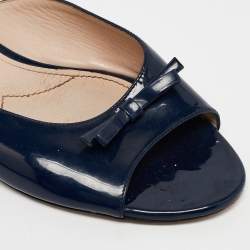 Miu Miu Blue Patent Leather Crystal Embellished Bow Flat Slides Size 38.5