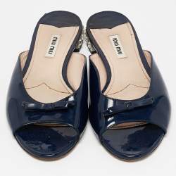 Miu Miu Blue Patent Leather Crystal Embellished Bow Flat Slides Size 38.5