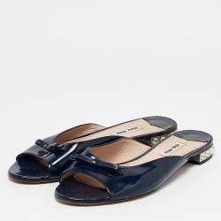 Miu Miu Blue Patent Leather Crystal Embellished Bow Flat Slides Size 38.5