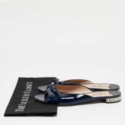 Miu Miu Blue Patent Leather Crystal Embellished Bow Flat Slides Size 38.5