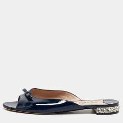 Miu Miu Blue Patent Leather Crystal Embellished Bow Flat Slides Size 38.5