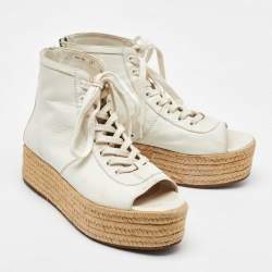 Miu Miu White Leather Open Toe Espadrille Platform High Top Sneakers Size 38.5