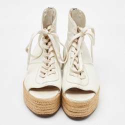 Miu Miu White Leather Open Toe Espadrille Platform High Top Sneakers Size 38.5
