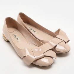 Miu Miu Light Beige Patent Leather Bow Detail Crystal Embellished Heel Ballet Flats Size 36