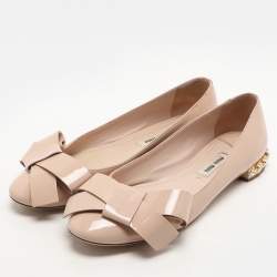Miu Miu Light Beige Patent Leather Bow Detail Crystal Embellished Heel Ballet Flats Size 36