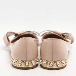 Miu Miu Light Beige Patent Leather Bow Detail Crystal Embellished Heel Ballet Flats Size 36