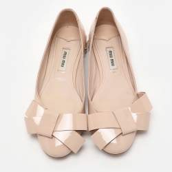 Miu Miu Light Beige Patent Leather Bow Detail Crystal Embellished Heel Ballet Flats Size 36