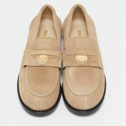 Miu Miu Beige Suede Logo Appique Loafers Size 38.5