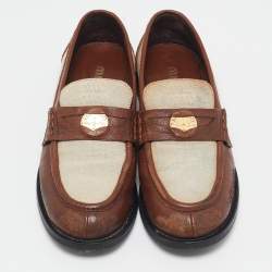 Miu Miu Beige/Brown Canvas and Leather Coin Penny Loafers Size 38