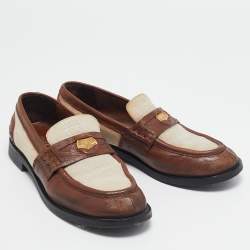 Miu Miu Beige/Brown Canvas and Leather Coin Penny Loafers Size 38