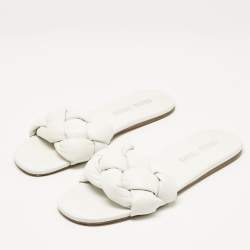 Miu Miu White Intrecciato Leather Flat Slides Size 40