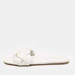 Miu Miu White Intrecciato Leather Flat Slides Size 40