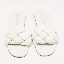 Miu Miu White Intrecciato Leather Flat Slides Size 40