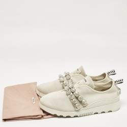 Miu Miu Cream Knit Fabric Crystal Embellished Slip On Sneakers Size 41