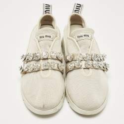 Miu Miu Cream Knit Fabric Crystal Embellished Slip On Sneakers Size 41