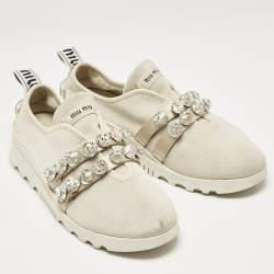 Miu Miu Cream Knit Fabric Crystal Embellished Slip On Sneakers Size 41