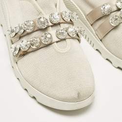 Miu Miu Cream Knit Fabric Crystal Embellished Slip On Sneakers Size 41