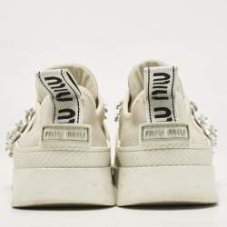 Miu Miu Cream Knit Fabric Crystal Embellished Slip On Sneakers Size 41